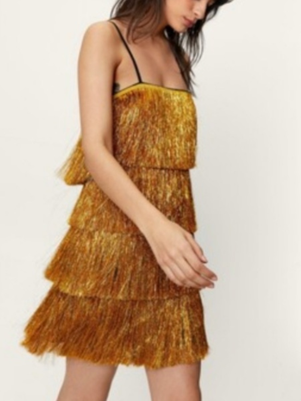 Nasty Gal Metallic Gold Tiered Fringe Tinsel Mini Dress Flapper Disco - Picture 2 of 9